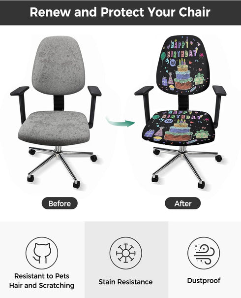 Happy Birthday Office Chair Cover - Stretch Rotating Computer Chair Seat Back Covers, Birthday Gifts Cake Balloons Black Desk Chair Covers Stretch...