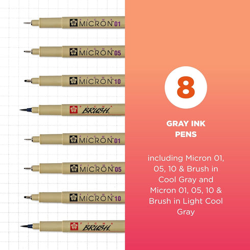 SAKURA Pigma Micron Fineliner Pens - Archival Gray Ink Pens - for Writing, Drawing, or Journaling - Assorted Point Sizes - 8 Pack...