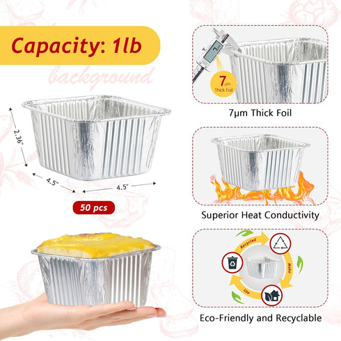 LNYZQUS 1 LB Foil Small Cake Pans 50pcs, Disposable Bread Loaf Pans Mini Baking Tins for Homemade Bread,Square Aluminum Loaf Baking Pans Individua...