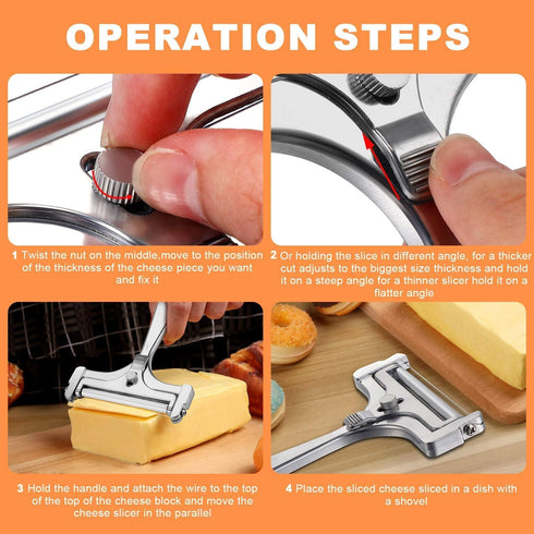 4Pieces Stainless Steel Wire Cheese Slicer Adjustable Thickness Cheese Cutter, Cheese Slicer Spatula Plane for Soft, Semi Soft, Semi-Hard Cheeses ...
