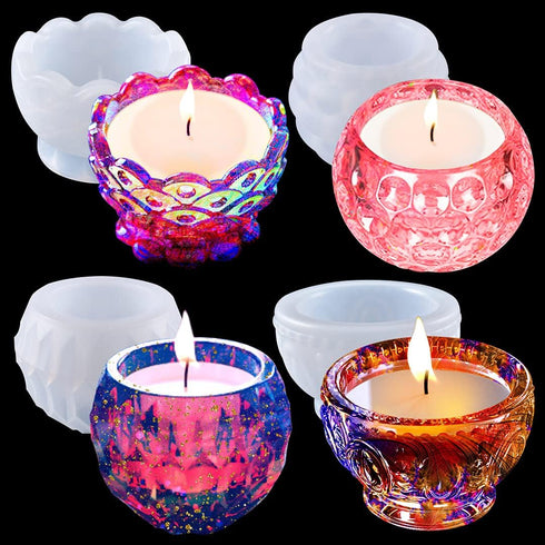 4PCS Tealight Candle Holder Resin Molds Succulent Planter Silicone Molds for Resin Epoxy Casting Mold for DIY Candlestick Jewelry Box Flower Pot W...