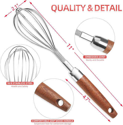 Whisk for Cooking,Stainless Steel Wire Wooden Handle Kitchen Hand Whisk Multi Function Non Stick Balloon Whisk Egg Beater for Blending Whisking Be...
