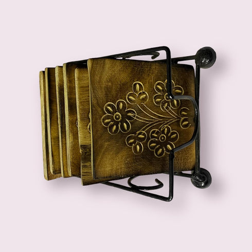Wooden Tea Coffee Coasters Black Iron Metal Holder Storage-Centerpiece for Table-Home and Office Decor-Perfect, TW002, Brown...