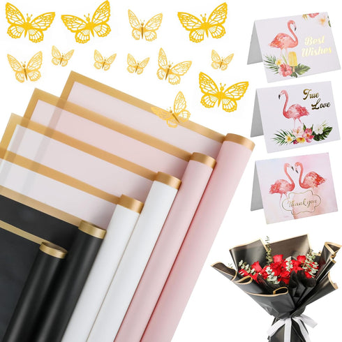 24 Sheets Flower Wrapping Paper - Waterproof Floral Bouquet Wrapping Paper, Florist Supplies with 3D Gold Butterfly Decor for Wedding DIY Craft Bi...