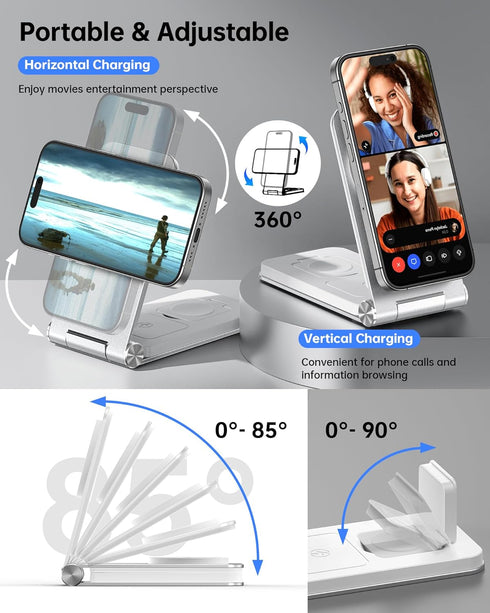 Facbiny Foldable 3-in-1 Magsafe Charger Stand with 20W Adapter, Aluminium Alloy Magnetic Wireless Charging Station for iPhone 15/14/13/12 Series, ...