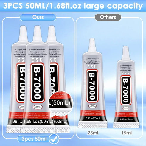 B7000 Glue for Rhinestones Crafts, 3PCS 50ML 1.68fl.oz Clear B-7000 Super Jewelry Glue Transparent Industrial Adhesive for Fabric Phone Repair Jew...