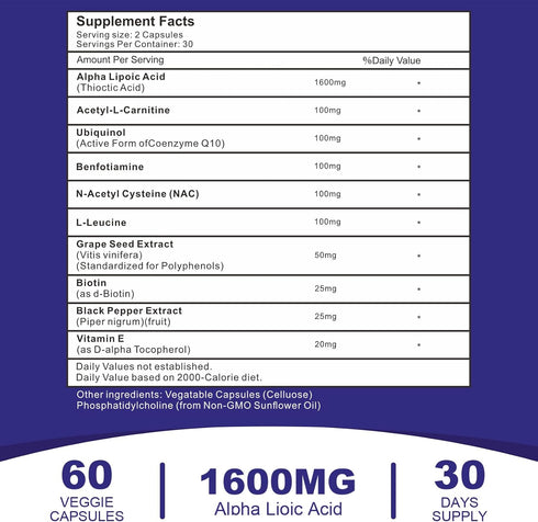 Liposomal Alpha Lipoic Acid 1600mg per Serving, ALA Supplement for Antioxidant Health,Energy and Metabolism-Gluten Free & GMO 60 Capsules...