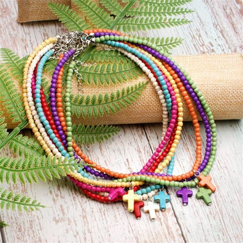 Small Dainty Cross Necklace Pendant Bohemian Turquoise Seed Bead Beaded Necklace Choker for Women Men Faith Jewelry Gift...