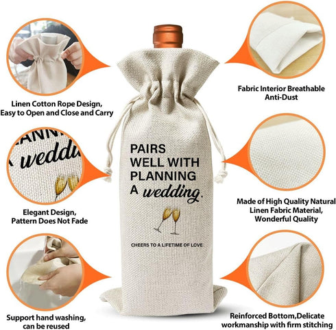 Wedding Or Engagement Gift Bag For Couple Bride Groom Her Him Women Man, Cotton Linen Wine Gift Bag With Drawstring, Wedding Or Engagement Party D...