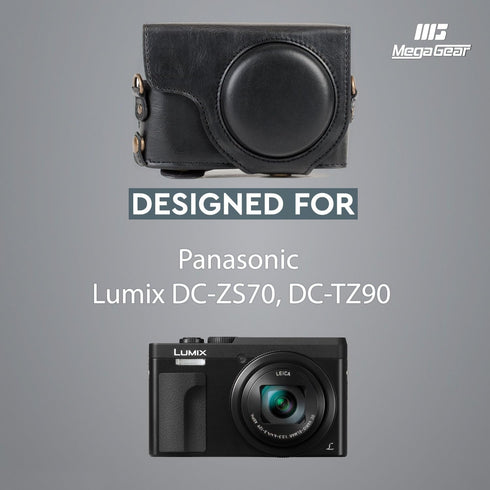 MegaGear MG1258 Ever Ready Leather Camera Case compatible with Panasonic Lumix DC-ZS80, DC-ZS70, DC-TZ95, DC-TZ90 - Black...