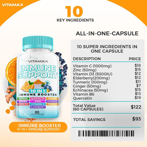 10-in-1 Immune System Support Booster with Elderberry, D3, Selenium, Quercetin, Zinc, Vitamin C, Ginger, Turmeric Curcumin, B6, Echinacea – Natura...