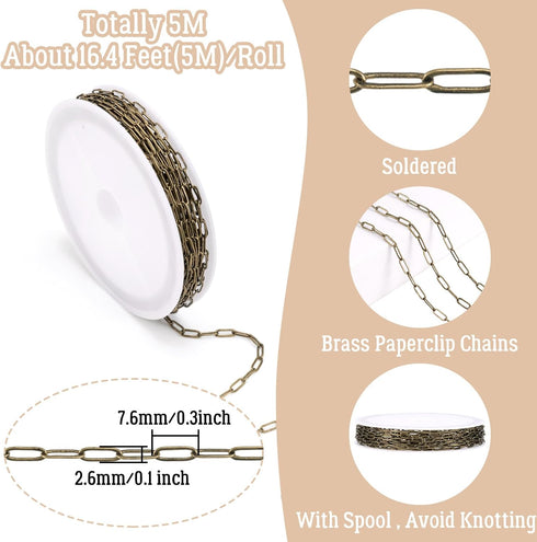 Craftdady 16.4 Feet Antique Bronze Paperclip Link Chain Brass Soldered Oval Cable Cross Chain 7x2.6mm with Spool for Jewelry Pendant Necklace Brac...