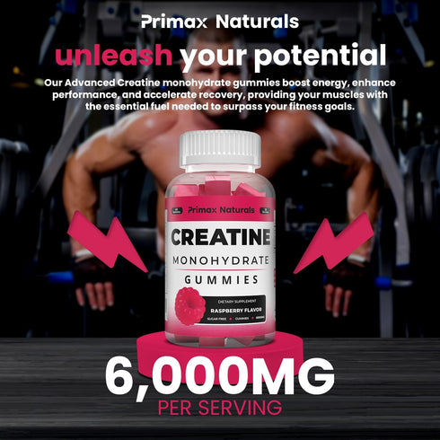No Sugar Creatine Monohydrate Gummies for Men & Women - 3g/Gummy - 60 Chewable Creatine Gummies, Gomitas de Creatina 6000mg, Enhanced Muscle Stren...
