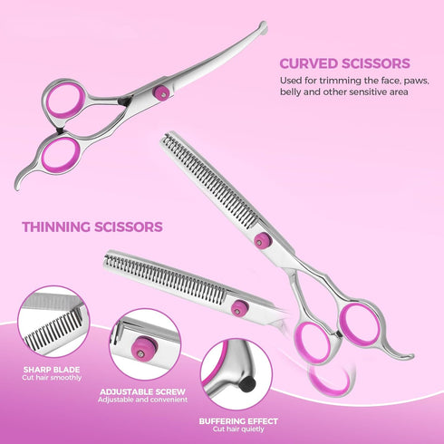 Maxshop Dog Grooming Scissors with Safety Round Tips, Heavy Duty Titanium Pet Grooming Trimmer Kit, Professional Thinning Shears, Curved Scissors ...