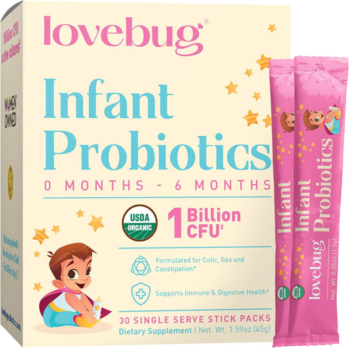 Lovebug Award Winning USDA Organic Probiotic for Infants | Ages 0-6 Months | Helps with Colic, Reflux, Diarrhea, Constipation & Gas | Tasteless Po...