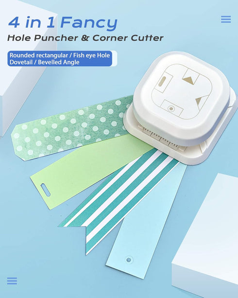 Hole Puncher and Corner Cutter, 4 in 1 with One Oval & Fish Eye Hole, Dovetail & Bevelled Angle Paper Hole Punch for Kids Paper Crafts, Scrapbooki...