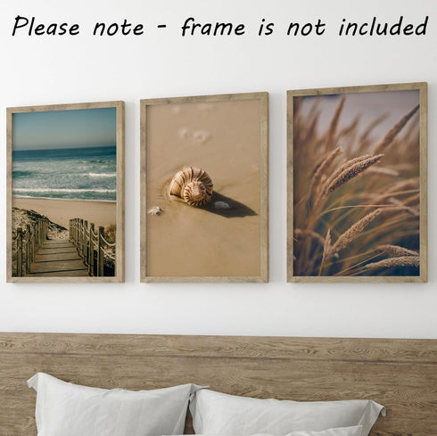 Sandy Beach Landscape Set of 3 Unframed Wall Prints, Coastal Sea Shell Ocean Waves Beach Path Wooden Bridge Reeds Posters, Bathroom Living Room Be...