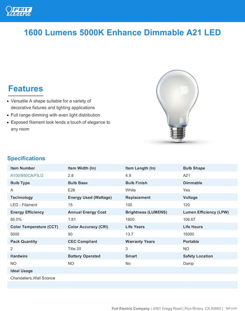 Feit Electric A21 LED Light Bulbs, 100W Equivalent, Dimmable, E26 Standard Base, 90 CRI, 1600 Lumens, 5000K Daylight, 13 Years Lifetime, Frosted W...