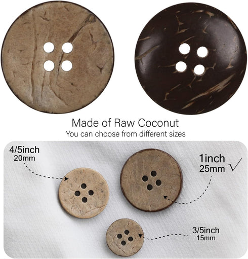 25mm Brown Natural Coconut Shell Buttons 1 inch 4 Holes Button Coconut Shell Buttons for Crafts Sewing Wooden Buttons for DIY Crafts 100PCS...