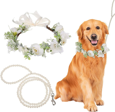 Dog Wedding Flower Collar with Pearls Beaded Leash,Elegant Dog Flower Headband,Dog Wedding Attire Wreath Bow,Pet Photo Prop (Large)...