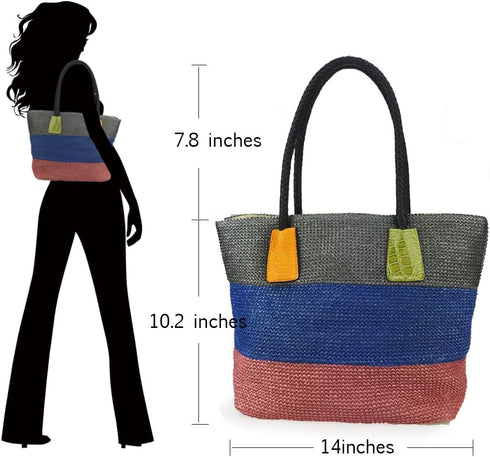 HOXIS Color Block Crocodile Pattern Stripes Woven Synthetic Straw Tote Womens Shoulder Handbag #Lovewin...