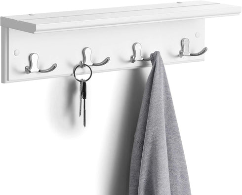 SONGMICS Entryway Hanging Coat Rack, Wall-Mounted Wooden Shelf, with 4 Double Hooks, Wall Floating Shelf, White ULHR42WT...