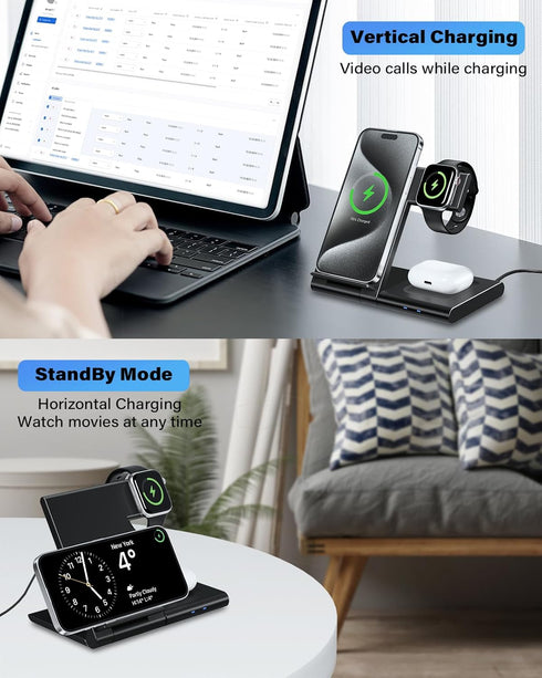 Wireless Charger 3 in 1 Wireless Charging Station for iPhone 15 14 13 12 11 Pro Max XR XS,Fast Wireless Charging Stand Dock for Apple Watch 9 Ultr...