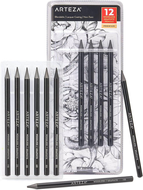 Arteza Woodless Graphite Pencils, Set of 12, HB, 2B, 4B, 6B, 8B, and EE, Black Drawing Pencils, Art Supplies for Shading and Sketching...