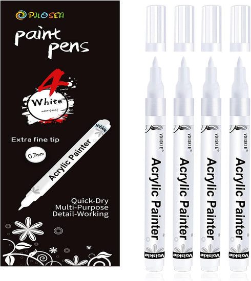 White Paint Pen,4 Pack 0.7mm Acrylic White Permanent Marker White Paint Pens for Rock Painting Stone Ceramic Glass Wood Plastic Glass Metal Canvas...
