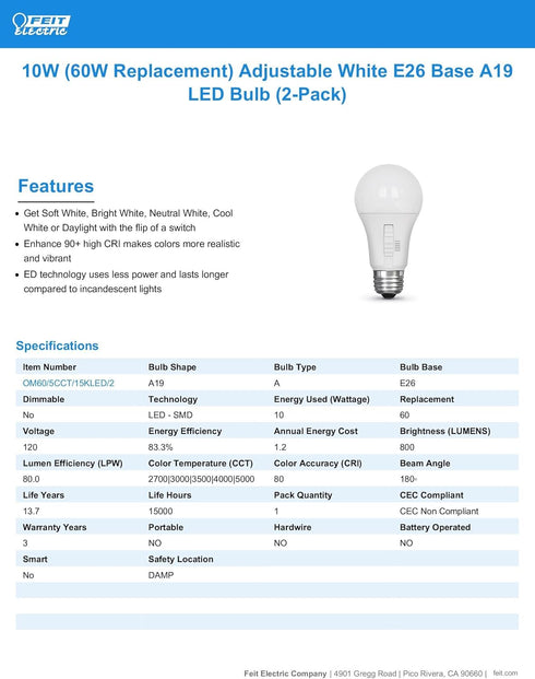 Feit Electric A19 LED Light Bulb, 60W Equivalent, Non-Dimmable, 5CCT, E26 Medium Base, 90 CRI, 800 Lumens, Standard Light Bulb with Switch on Bulb...