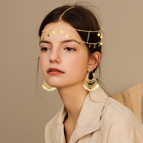 ORAZIO 4 Sets Women's Belly Dance Accessories,Belly Dance Hip Scarf Wrap Belt,Bohemian Gold Coin Drop Earrings Headpiece Small Coins Hair Chain Ta...