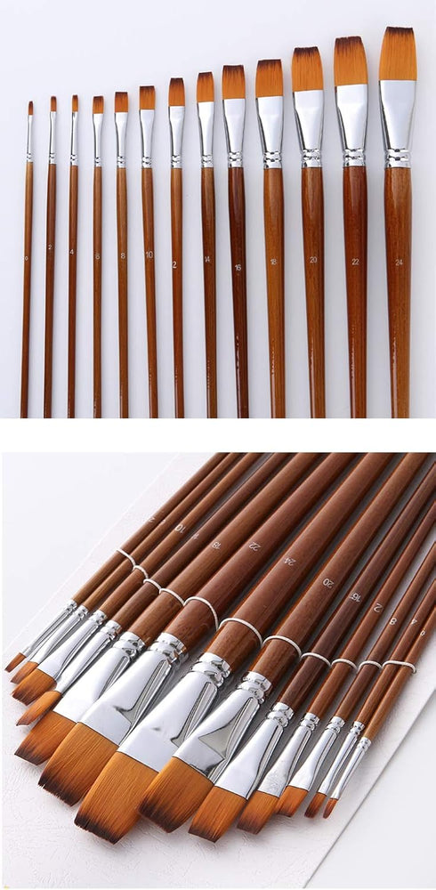 Paint Brushes Nylon Hair 13pcs Flat Head Long Handle Acrylic Paint Brush Set for Canvas Painting Oil Paint Professional Painting Kits (Flat 13pcs ...