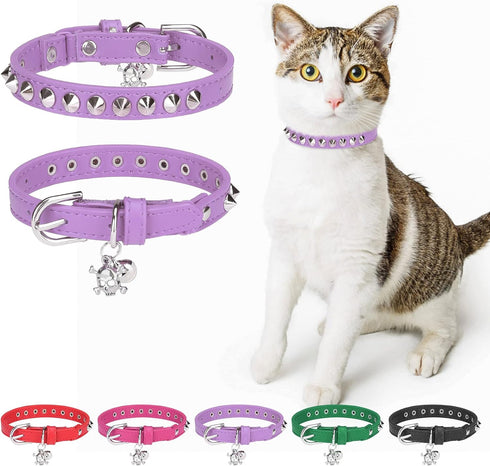Leather Cat Collars for Boy Girl Cats with Bell and Safety Elastic Belt, Personalized Rivets Stud Adjustable Safe Buckle Collar with Skull Charm f...