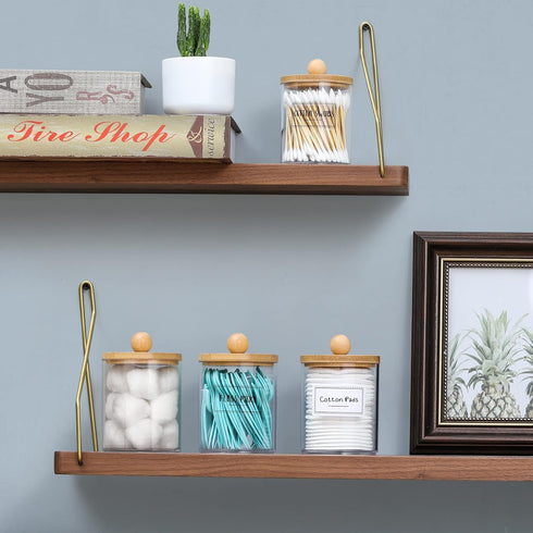 4 Pack Qtip Holder Dispenser with Bamboo Lids - 10 oz Clear Plastic Apothecary Jar Containers for Vanity Makeup Organizer Storage - Bathroom Acces...