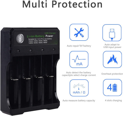 18650 Battery Charger 4 Bay Fast Charge, for 3.7V Li-ion TR IMR 10440 14500 16650 14650 18350 18500 16340(RCR123) Batteries, USB Intelligent Unive...