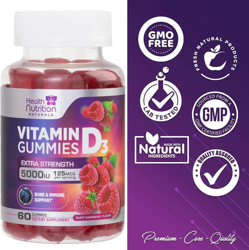 Vitamin D3 Gummies Extra Strength 5000 IU (125 mcg) - Bone, Teeth, Muscle & Immune Support Vitamin D Gummy Dietary Supplement, Nature's Berry Vita...