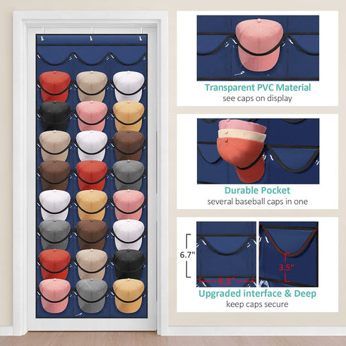 Hat Rack for Baseball Caps 27 Pockets - Hat Organizer Hanging Over The Door Baseball Hat Storage for Closet Wall - Visible Hat Holder With 3 Hooks...