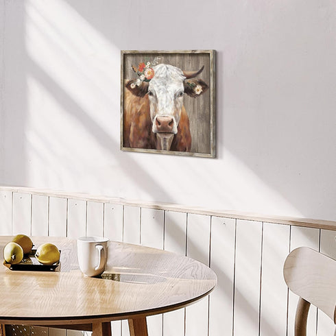 Cattle Framed Wall Art Decor: Country Wooden Farm Cow Animal Painting Rustic Farmhouse Picture Brown Calf with Wildflowers Artwork for House Guest...