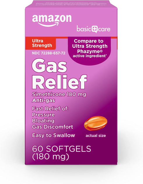Amazon Basic Care Ultra Strength Gas Relief Softgels, Simethicone 180 mg, Antigas, 60 Count, Orange...