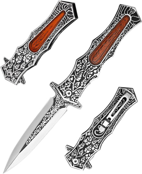 Folding Knife Stainless Steel Blade with 3D Retro Embossed Pattern, Pocket Clip for Men,Sharp Camping Survival Hiking Knives (Sword Type)...
