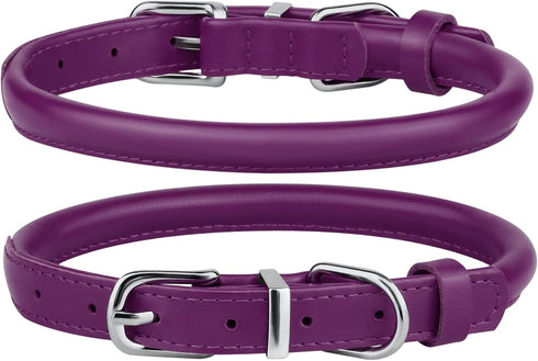 BRONZEDOG Rolled Leather Dog Collar for Small Medium Large Dogs with QR ID Tag (L: 16-18 Inch, Plum)...