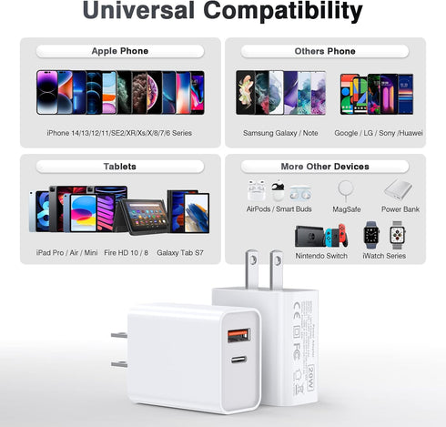 USB C Wall Charger Block 20W, 3-Pack Dual Port PD Power Delivery Fast Type C Charging Block Plug Adapter for iPhone 13/12/11 /Pro Max, XS/XR/X, iP...