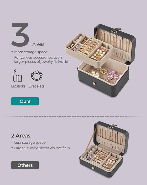 SONGMICS Jewelry Box, Travel Jewelry Case, 2-Layer Jewelry Holder Organizer, 4.6 x 6.3 x 3 Inches, Portable, Versatile Earring Storage, for Larger...