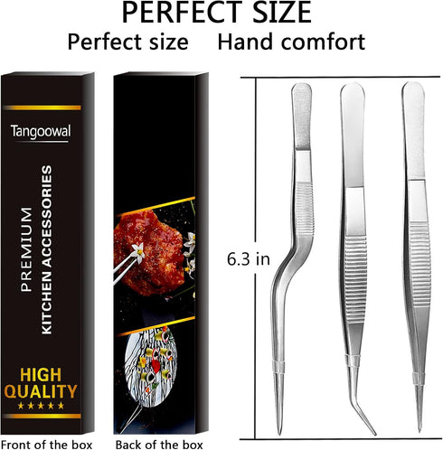 Kitchen Cooking Tweezers Culinary,3 Piece Set Stainless Steel Tweezer Precision Tongs Offset Tip for Cooking Food Design styling(6.3-Inch)...