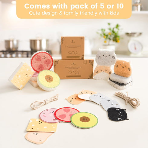 Cellulose Compressed Eco-Sponge 5 Pack- Avocado Sandwich Set |Standard Size| Plastic-Free & Made of All-Natural Wood Pulp | Showering, Dishwashing...