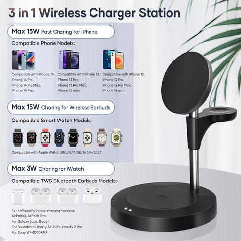 3 in 1 Wireless Charging Station (2023 Newest), Fast Mag-Safe Charger Stand with QC2.0 3.0 Adapter Compatible with iPhone 14,13,12 Pro Max/Pro/Min...