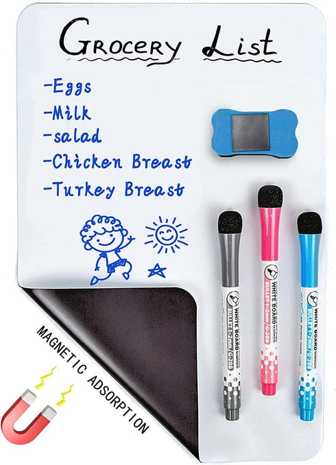 Magnetic Dry Erase White Board Sheet for Fridge 12x8 in - with Stain Resistant Technology - Includes 3 Markers and Big Eraser with Magnets - Small...