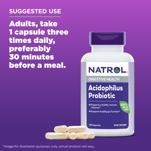 Natrol Acidophilus Probiotic 100 mg, Dietary Supplement for Healthy Gut Function, Digestive Health Capsules for Adults, 150 Capsules, Up to a 50 D...