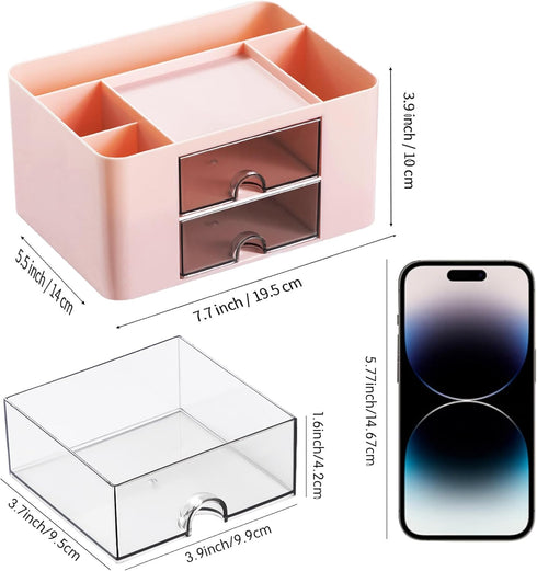 Desk Organizer with 2 Drawers, Office Supplies Organizer for Desk, Cute Desk Accessories with Plastic, Pen Holder for Desk Countop, Pink...