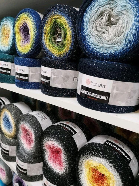 YarnArt Flowers Moonlight Glitter Cotton Yarn, Soft, Rainbow Crochet, Metallic Lurex handknit Shiny, Silvery Cake, Multicolor Cotton, 1 Skein Weig...
